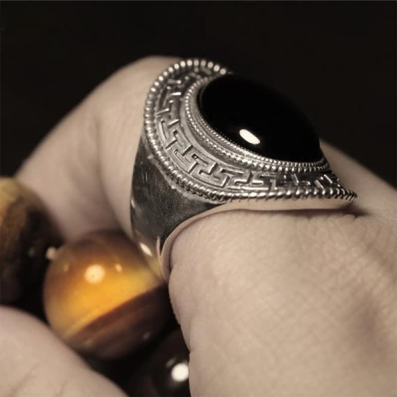 Olivenorma Natural Black Onyx Silver Men Ring