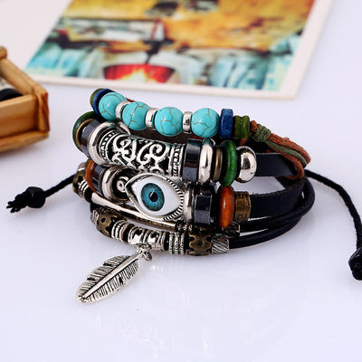 Olivenorma 5Pcs Bohemian Turquoise Leather Bracelet Set