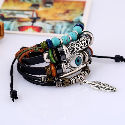 Olivenorma 5Pcs Bohemian Turquoise Leather Bracelet Set