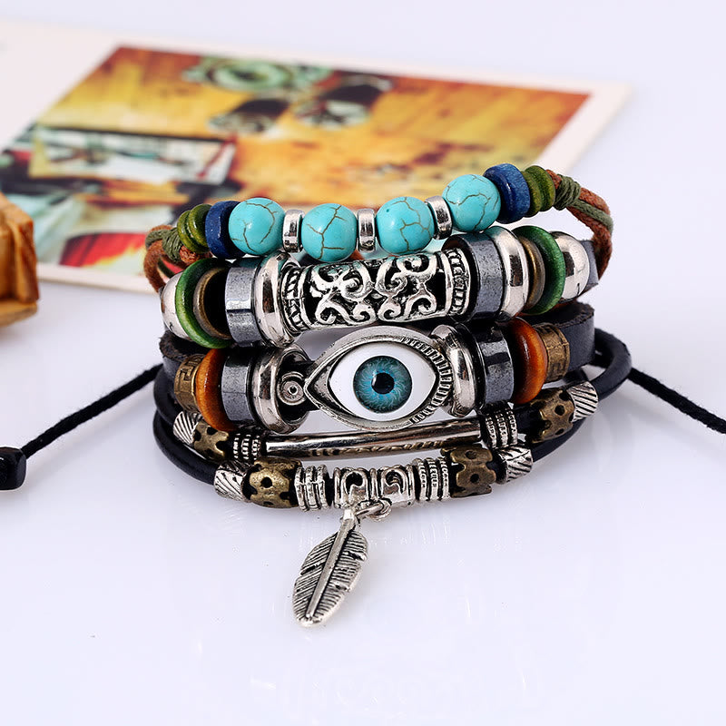 Olivenorma 5Pcs Bohemian Turquoise Leather Bracelet Set