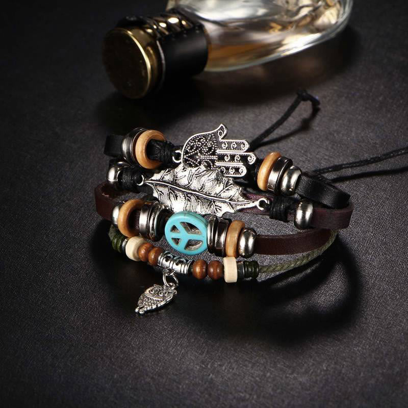 Olivenorma Multi-layer Boho Hamsa Braided Leather Bracelet