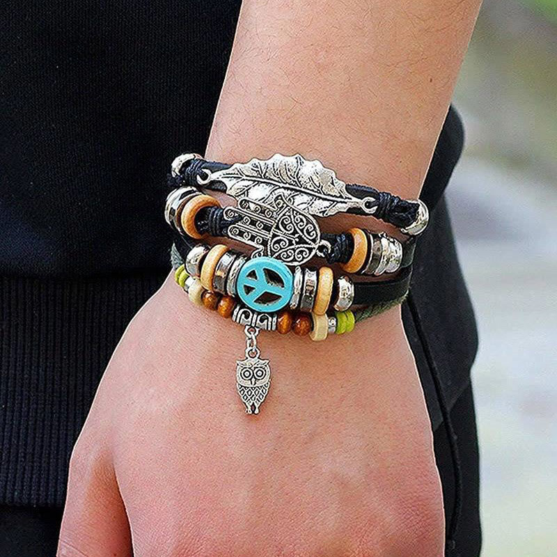 Olivenorma Multi-layer Boho Hamsa Braided Leather Bracelet