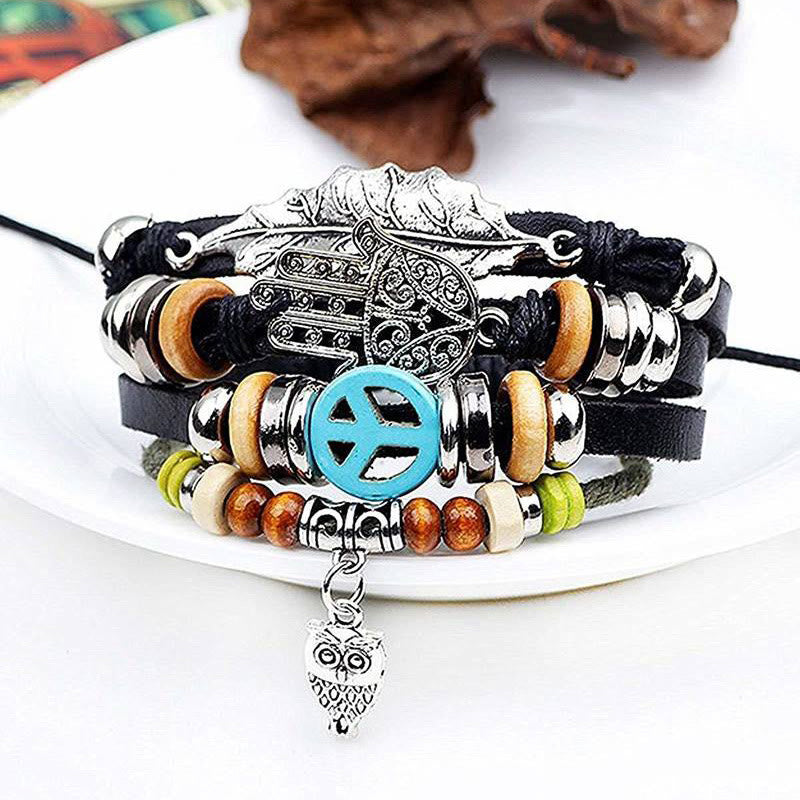 Olivenorma Multi-layer Boho Hamsa Braided Leather Bracelet