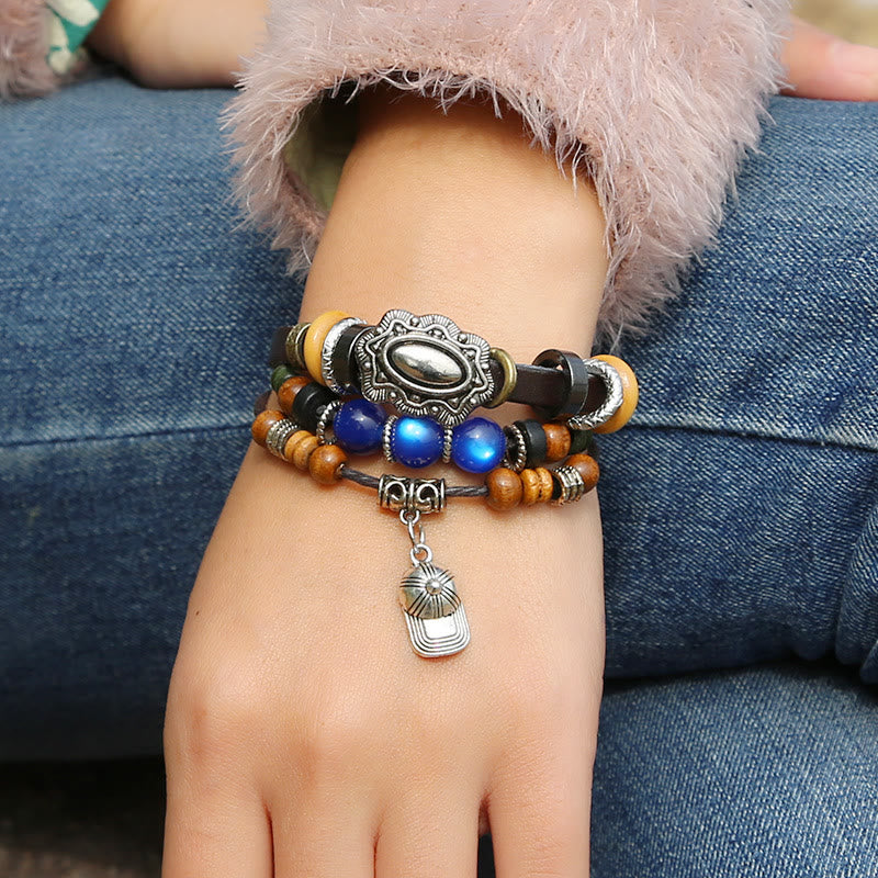 Olivenorma Hat Charm Multi-Layer Sapphire Beaded Leather Bracelet