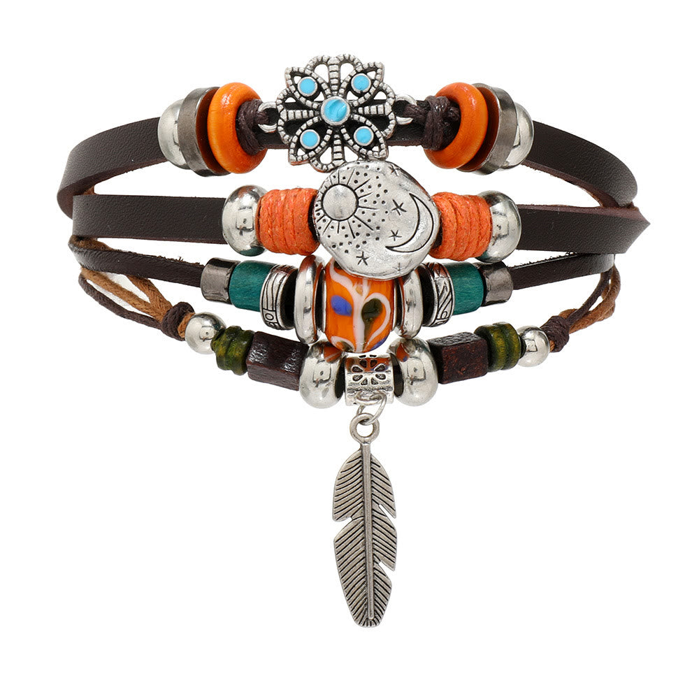 Olivenorma Feather Charms Bohemian Adjustable Leather Bracelet