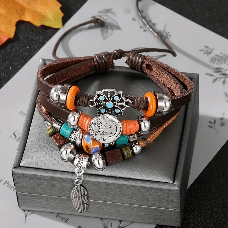 Olivenorma Feather Charms Bohemian Adjustable Leather Bracelet