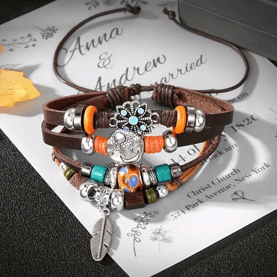 Olivenorma Feather Charms Bohemian Adjustable Leather Bracelet