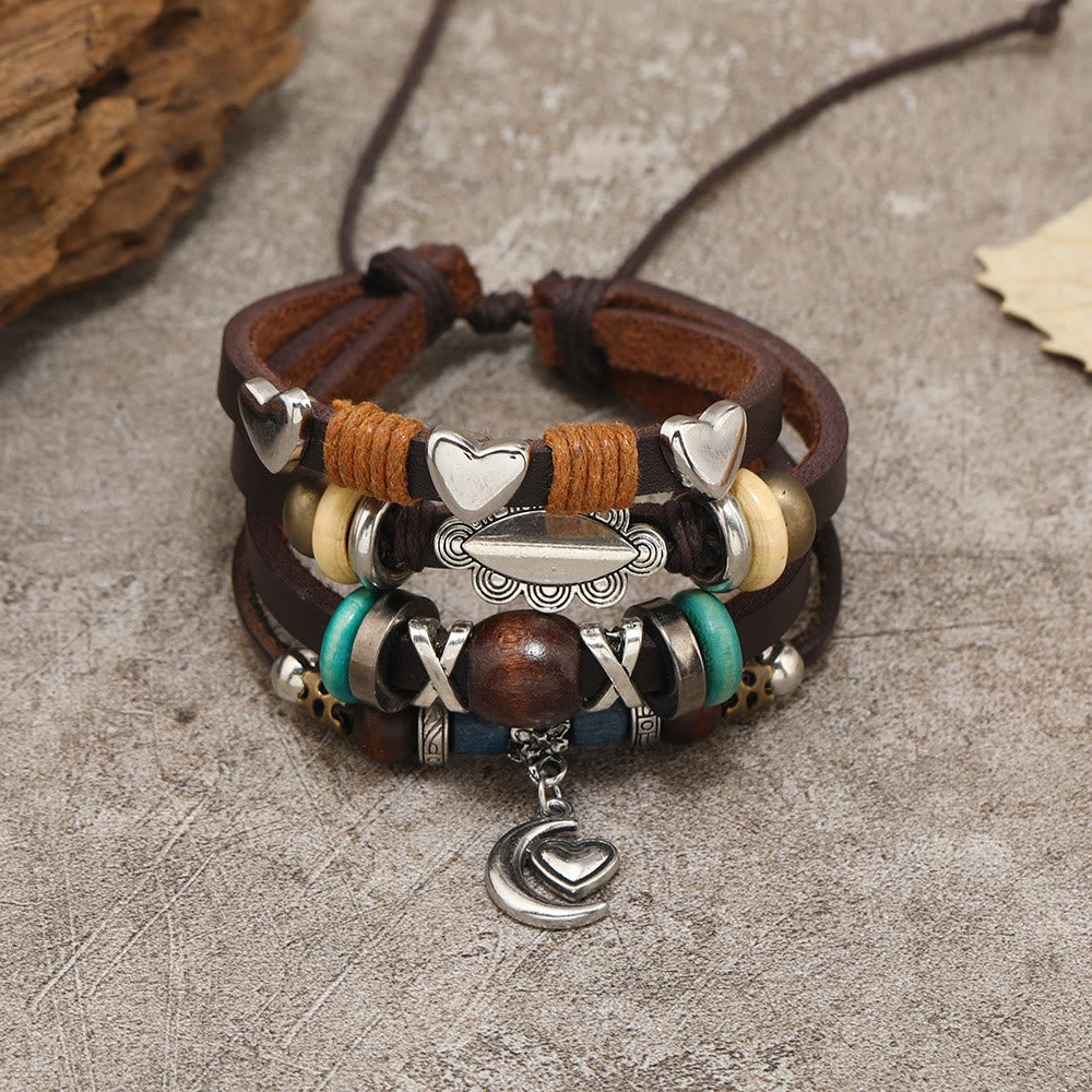 Olivenorma Moon Charms Multi Layered Beaded Leather Bracelets