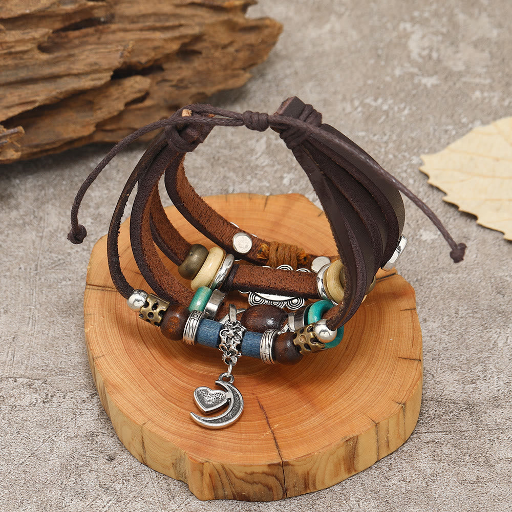 Olivenorma Moon Charms Multi Layered Beaded Leather Bracelets