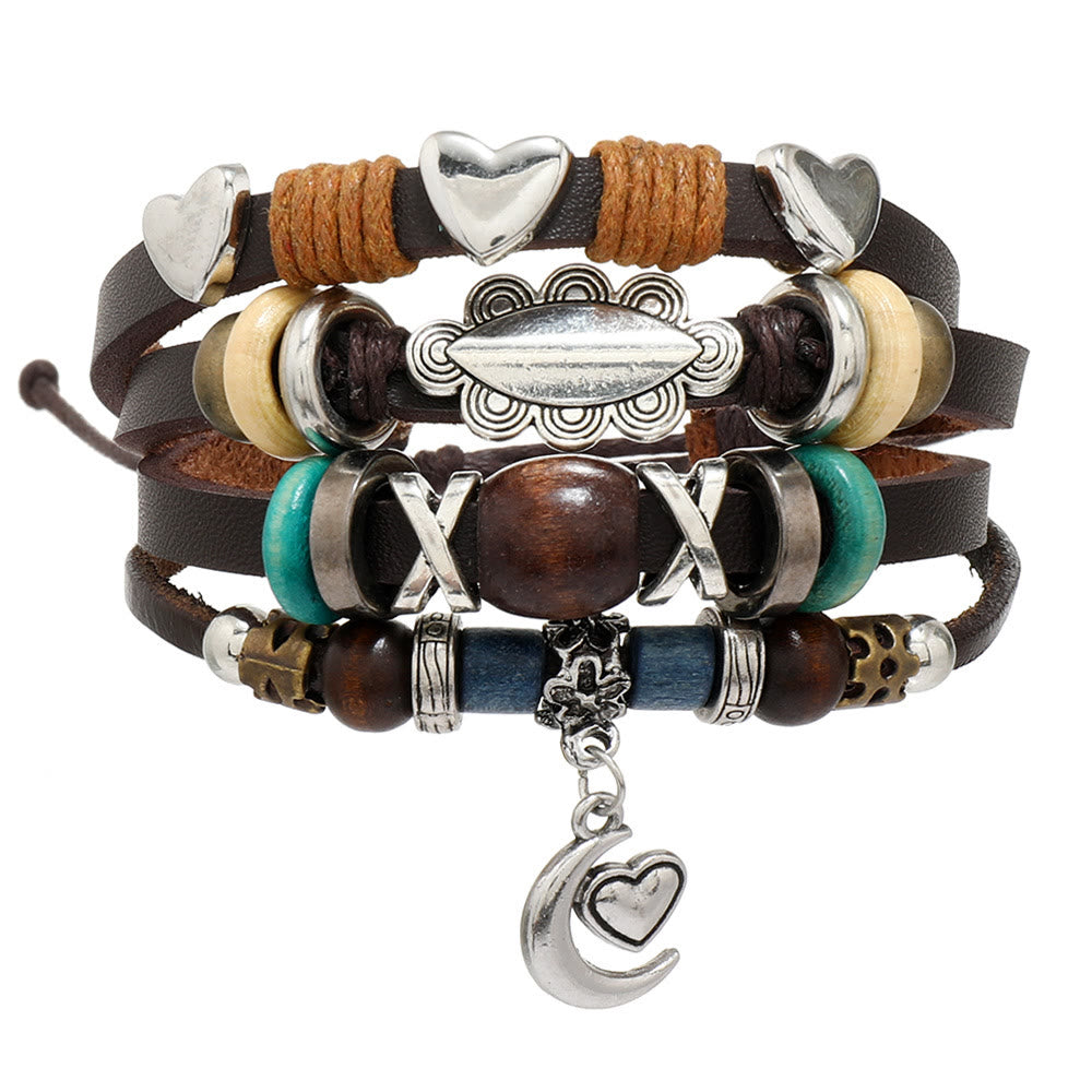 Olivenorma Moon Charms Multi Layered Beaded Leather Bracelets