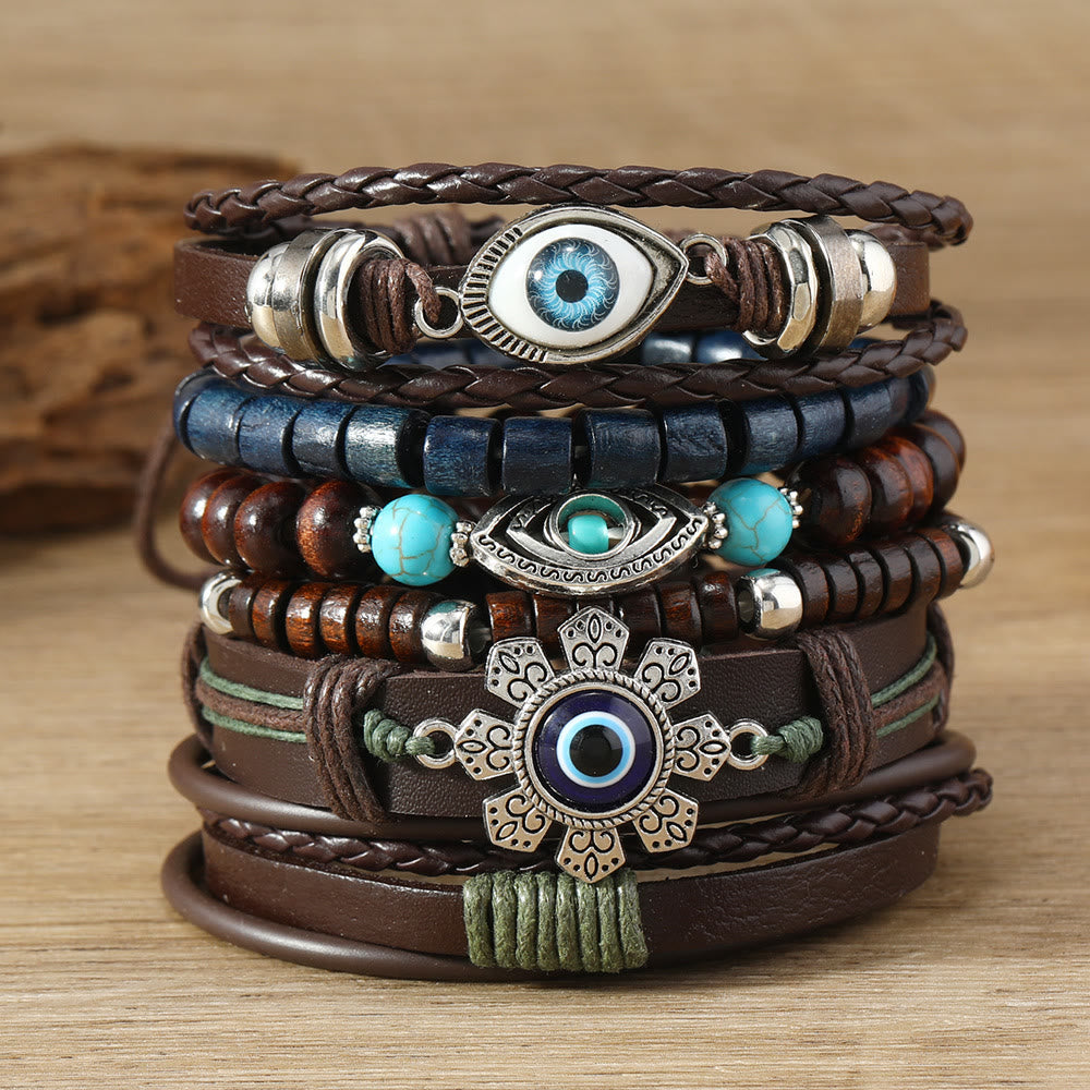 Olivenorma 6Pcs Evil Eye Turquoise Leather Wristband Bracelet Set