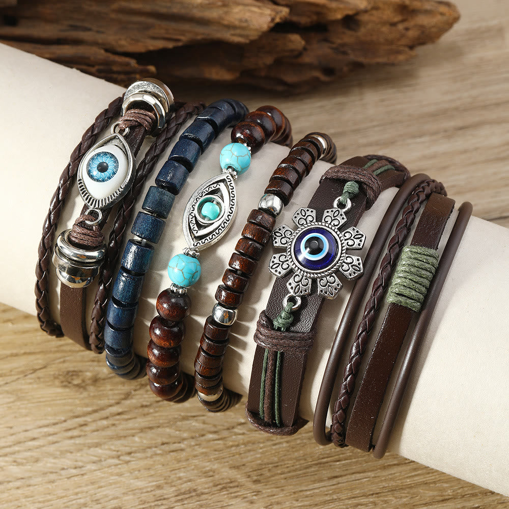 Olivenorma 6Pcs Evil Eye Turquoise Leather Wristband Bracelet Set