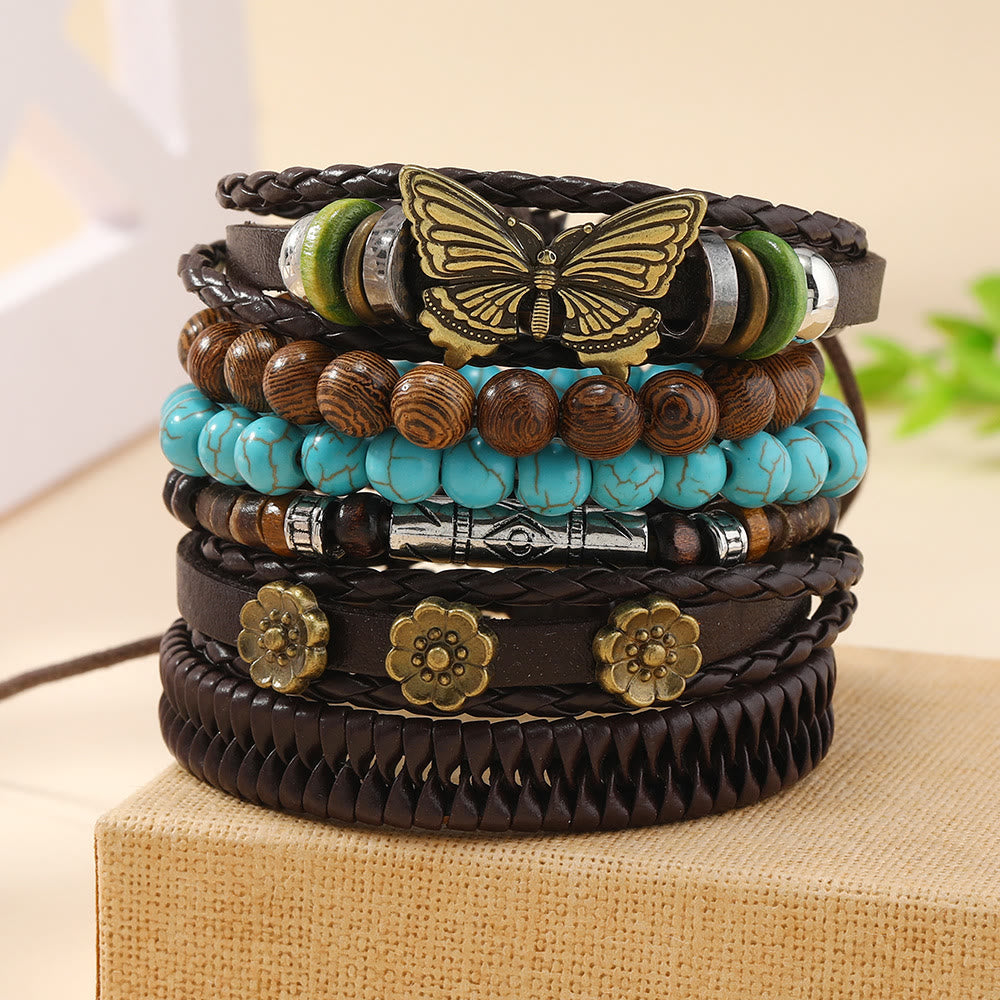 Olivenorma Butterfly Turquoise Handmade Woven Leather Bracelet Set