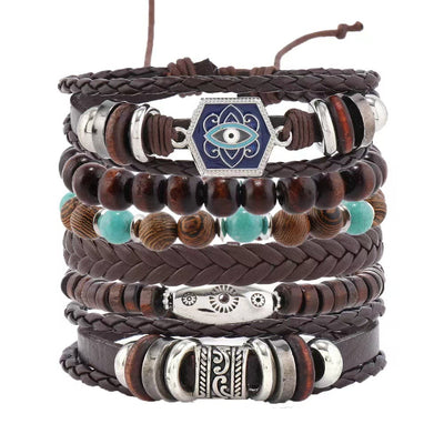 Olivenorma Multi-Layer Turkish Evil Eye Gemstone Leather Bracelet Set