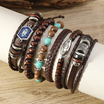 Olivenorma Multi-Layer Turkish Evil Eye Gemstone Leather Bracelet Set