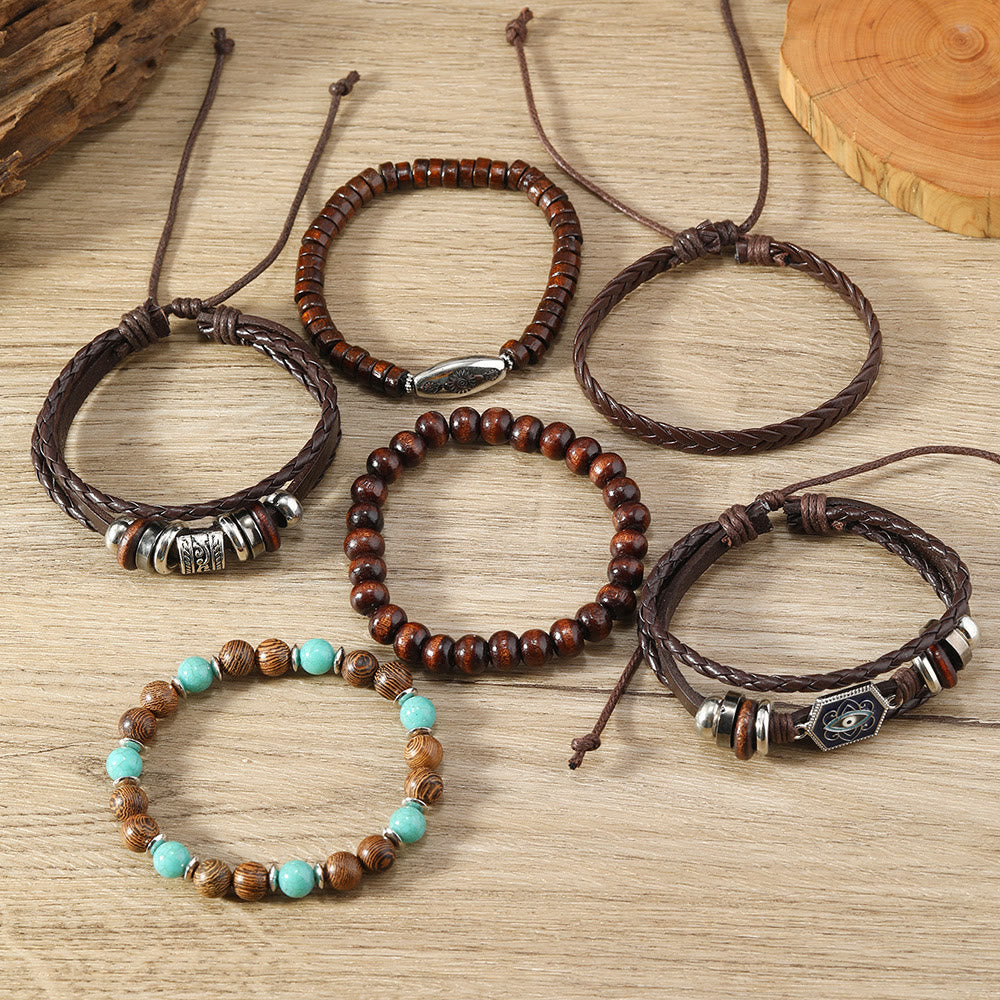 Olivenorma Multi-Layer Turkish Evil Eye Gemstone Leather Bracelet Set