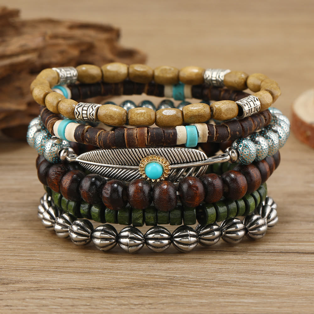 Olivenorma Feather Wooden Beads Turquoise Beaded Bracelet Set