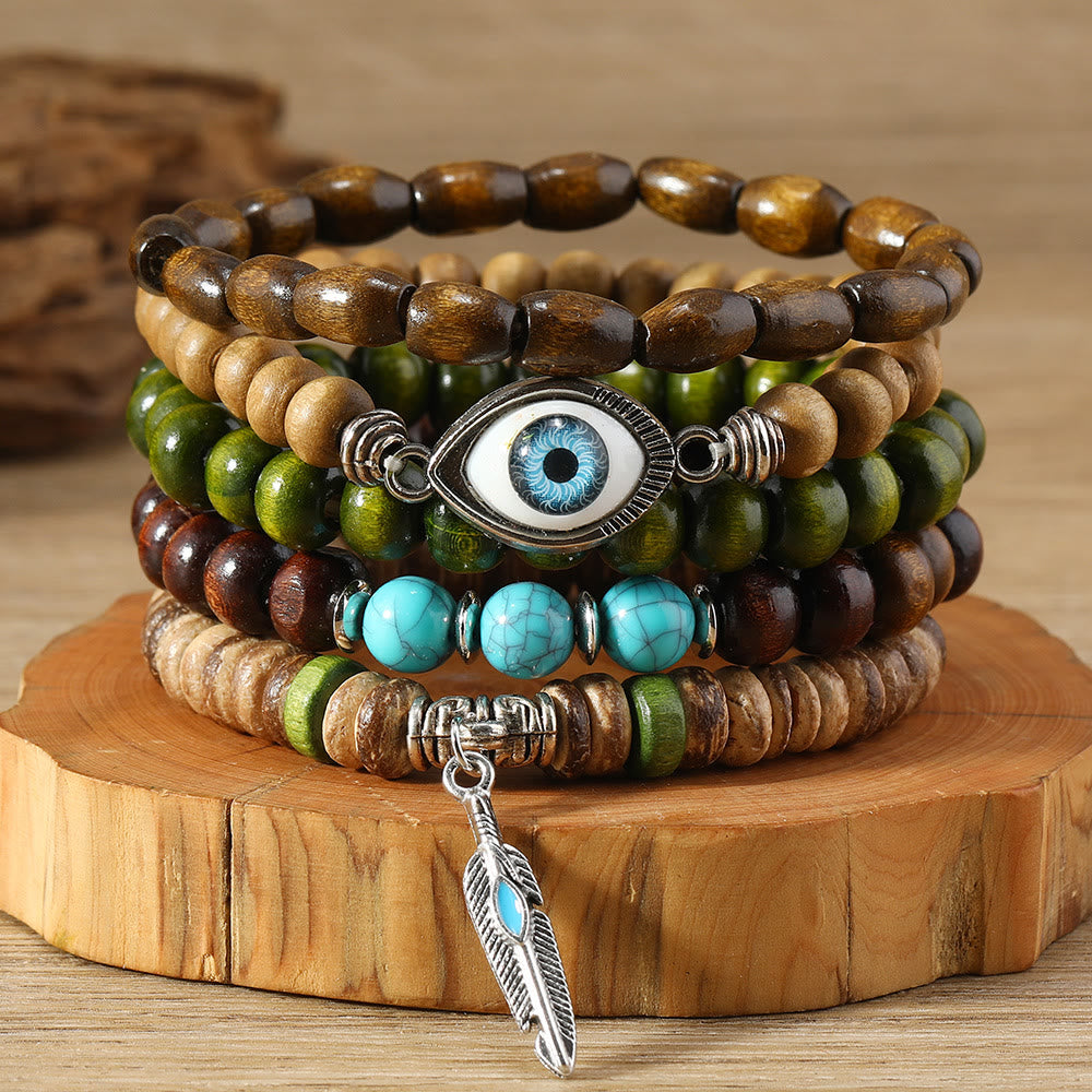 Olivenorma 5Pcs Evil Eye Turquoise Protection Beaded Bracelet Set