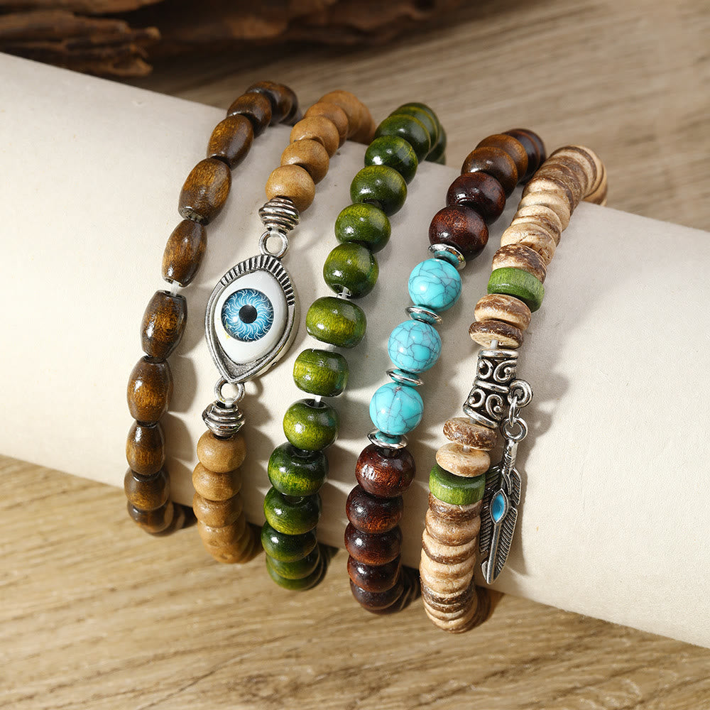 Olivenorma 5Pcs Evil Eye Turquoise Protection Beaded Bracelet Set