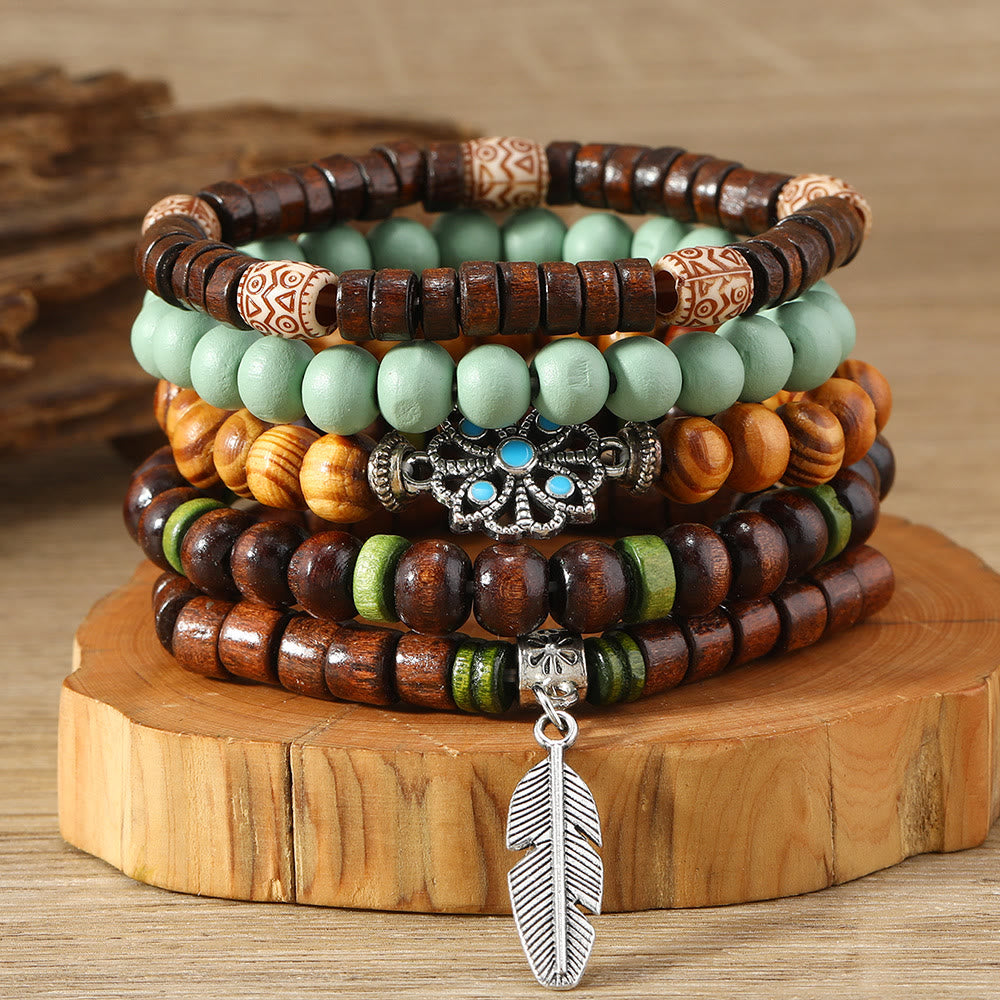 Olivenorma Bohemian Feather Charms Wooden Beads Stackable Bracelets