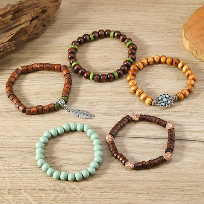 Olivenorma Bohemian Feather Charms Wooden Beads Stackable Bracelets