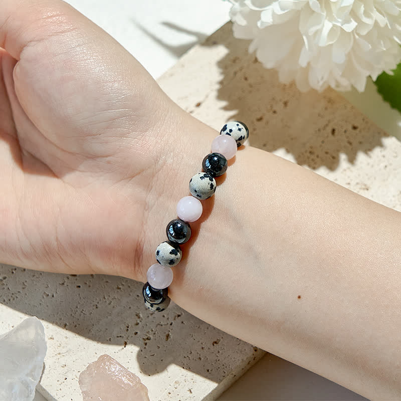 Olivenorma Hematite Dalmatian Jasper Rose Quartz Beads Bracelet