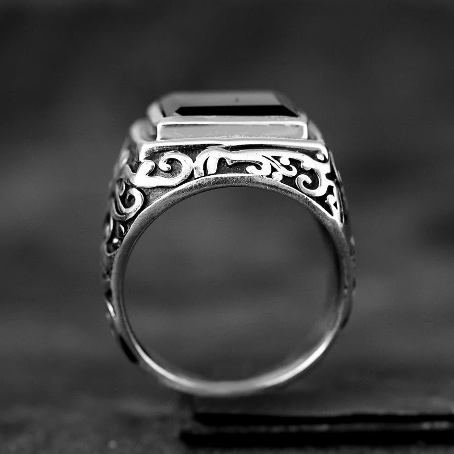 Olivenorma Engraved Tree of Life Faceted Black Onyx Ring