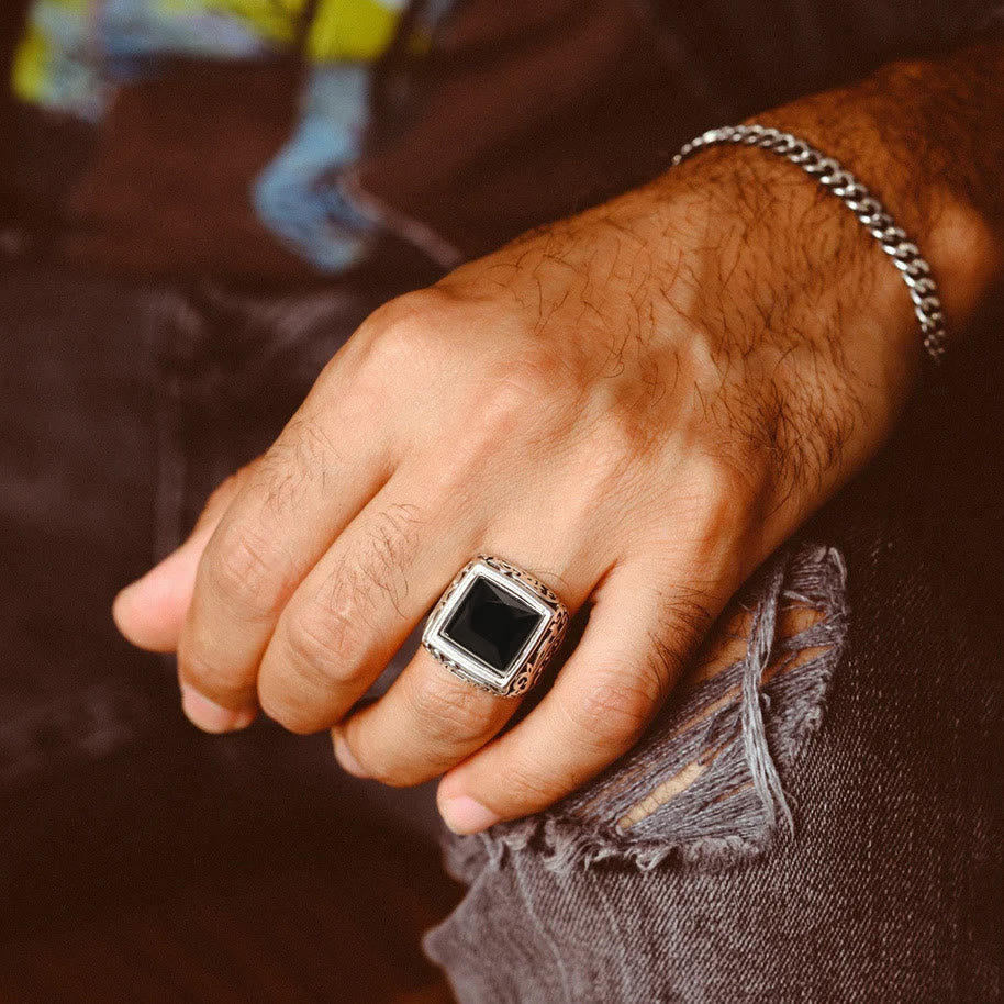 Olivenorma Engraved Tree of Life Faceted Black Onyx Ring