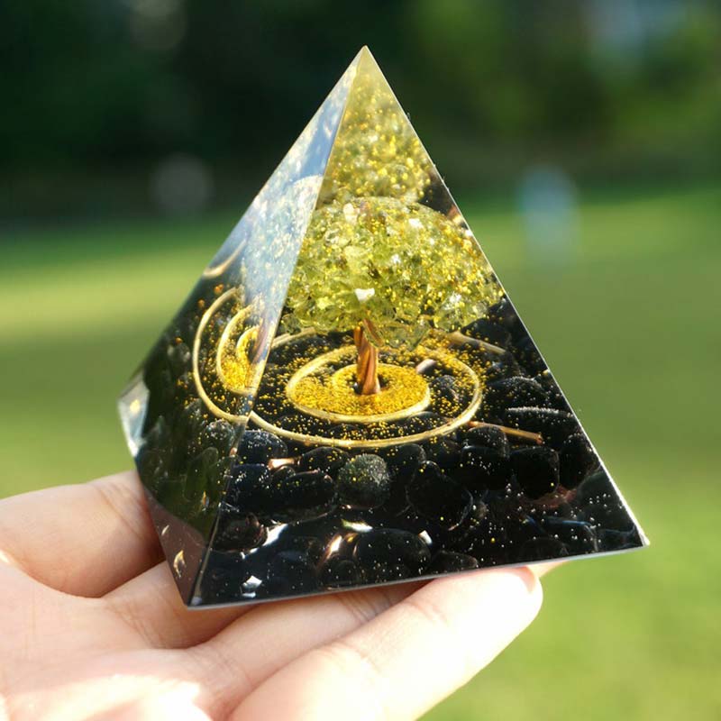 Olivenorma Peridot With Obsidian Tree Of Life Reiki Orgone Pyramid