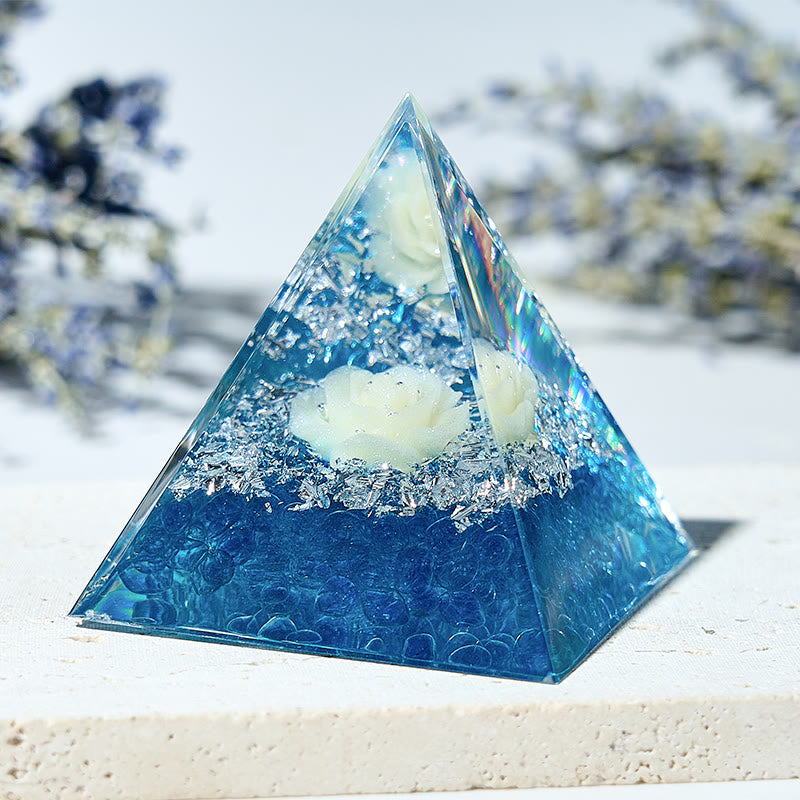 Olivenorma White Jade Flower with Aquamarine Energy Orgone Pyramid