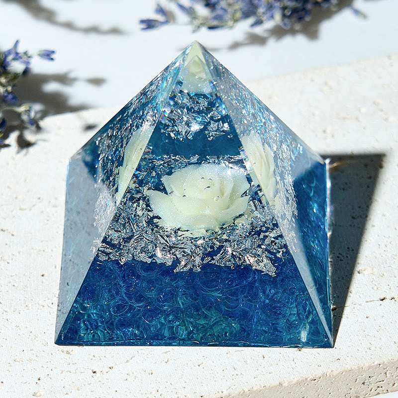 Olivenorma White Jade Flower with Aquamarine Energy Orgone Pyramid