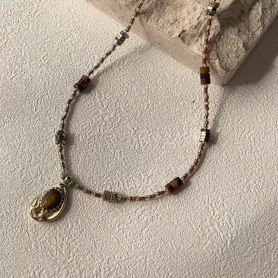 Olivenorma Natural Tiger Eye Stone Charm Beaded Necklace