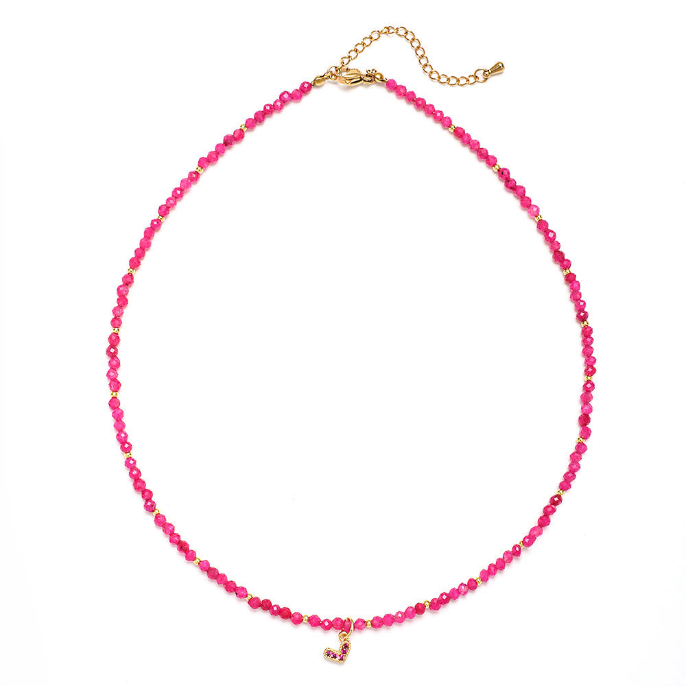 Olivenorma Pink Natural Gemstone Heart Charm Beaded Necklace