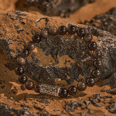 Olivenorma Silver Obsidian Metal Pillar Beaded Bracelet