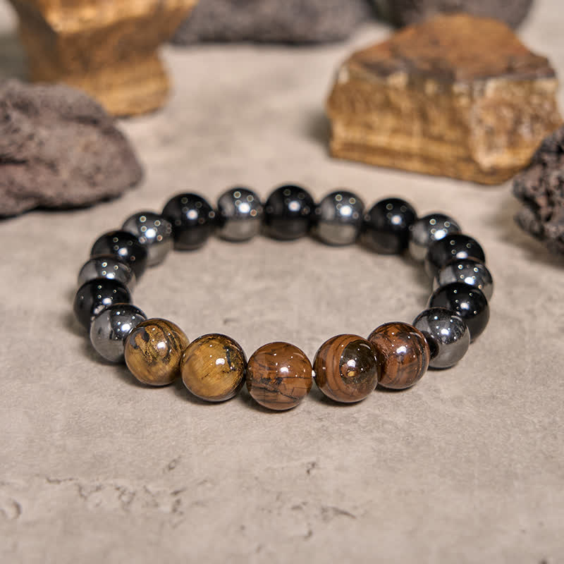 Olivenorma 10mm Black Onyx Hematite Tiger Eye Beaded Bracelet