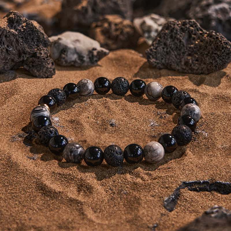 Olivenorma Grey Jasper Obsidian Lava Stone Beaded Bracelet