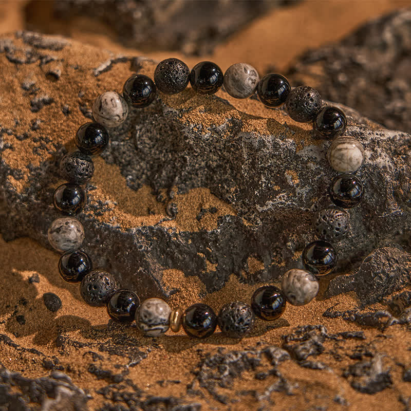 Olivenorma Grey Jasper Obsidian Lava Stone Beaded Bracelet