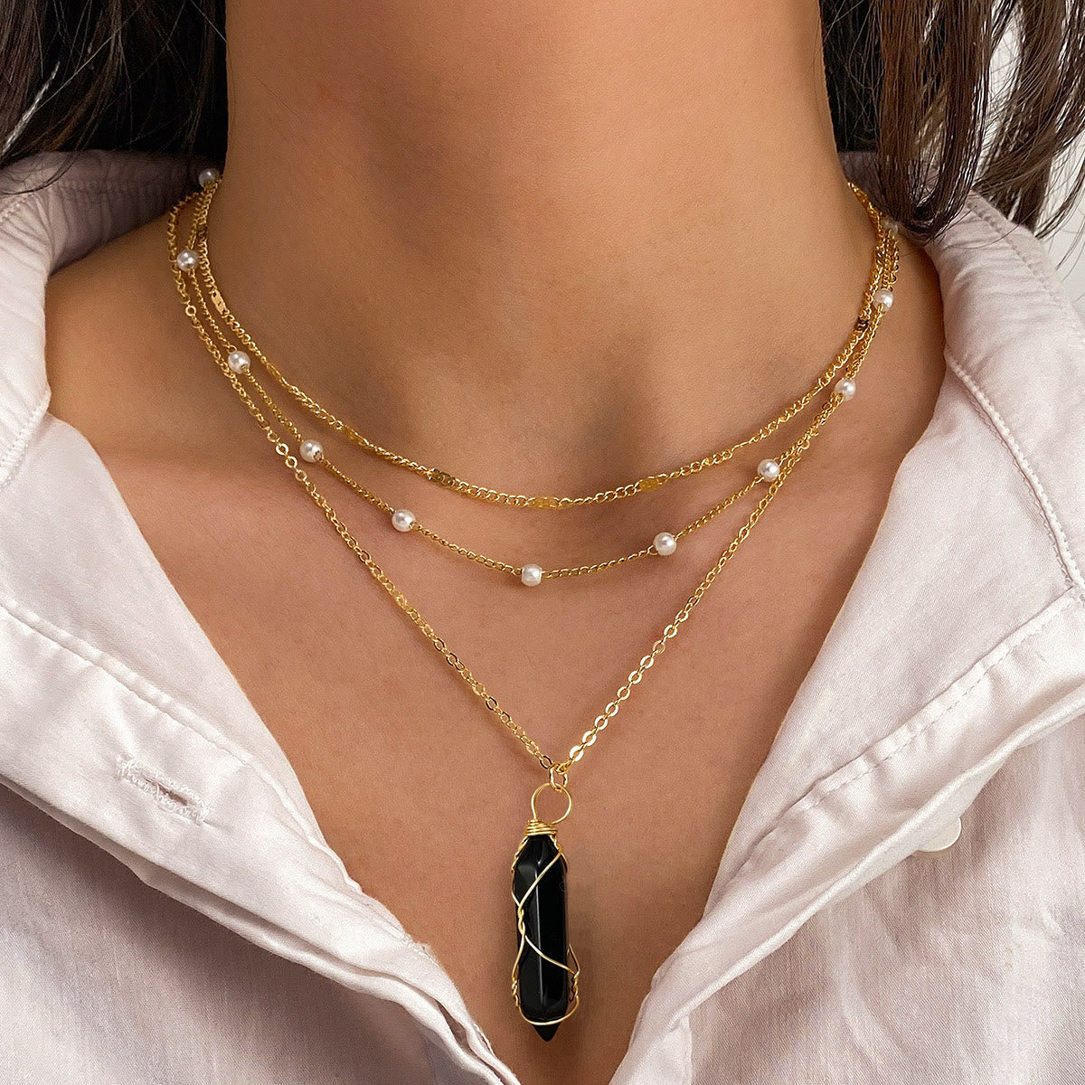 Olivenorma Natural Gemstone Prism Charm Stacked Necklace