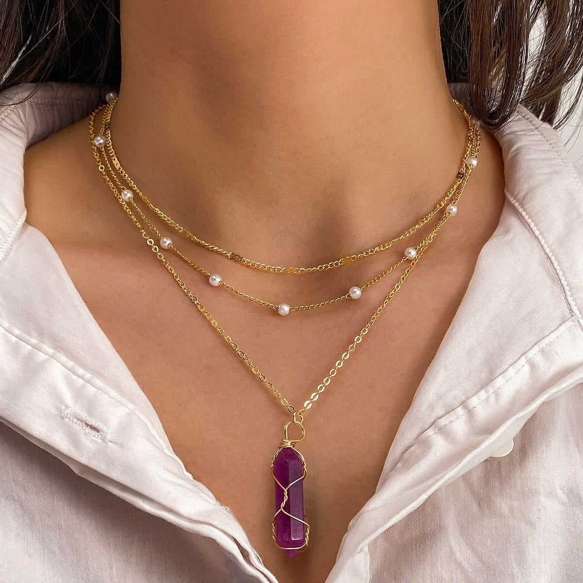 Olivenorma Natural Gemstone Prism Charm Stacked Necklace