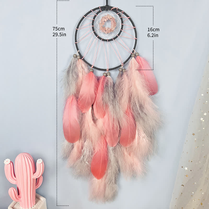 Olivenorma Rose Quartz Beaded Pink Feather Dream Catcher