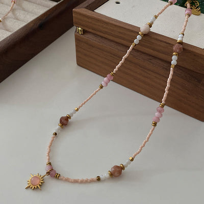 Olivenorma Natural Rhodonite Charm Beaded Necklace