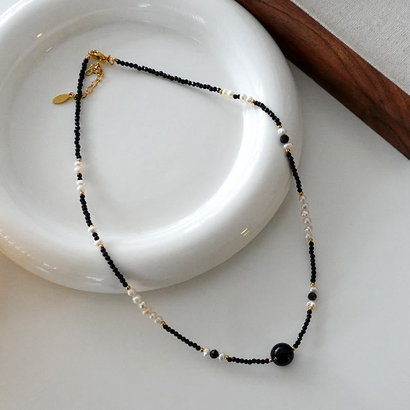 Olivenorma Natural Black Onyx Pearl Stacked Beaded Necklace