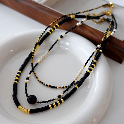 Olivenorma Natural Black Onyx Pearl Stacked Beaded Necklace