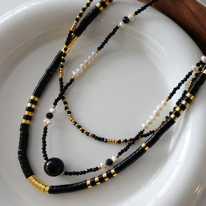 Olivenorma Natural Black Onyx Pearl Stacked Beaded Necklace