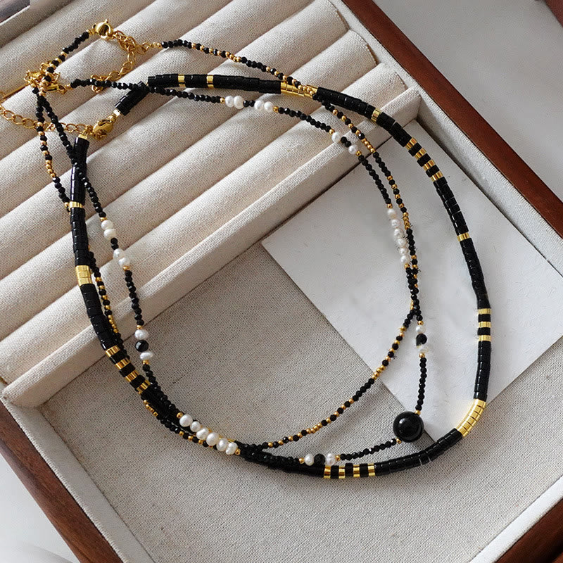 Olivenorma Natural Black Onyx Pearl Stacked Beaded Necklace