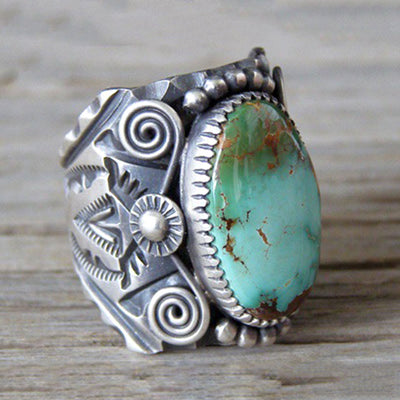 Olivenorma Genuine Oval Turquoise Carved Statement Ring