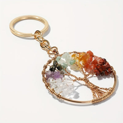 Olivenorma 7 Chakra Gemstone Tree of Life Round Keychain