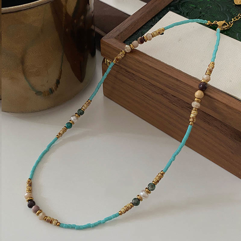 Olivenorma Natural Amazonite Drop Charm Choker Beaded Necklace