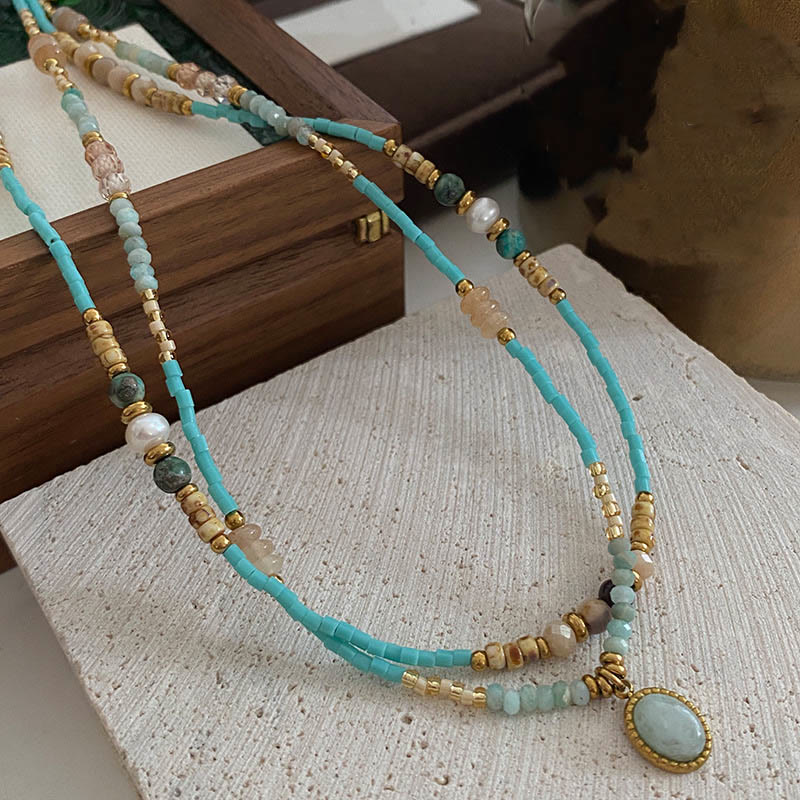 Olivenorma Natural Amazonite Drop Charm Choker Beaded Necklace