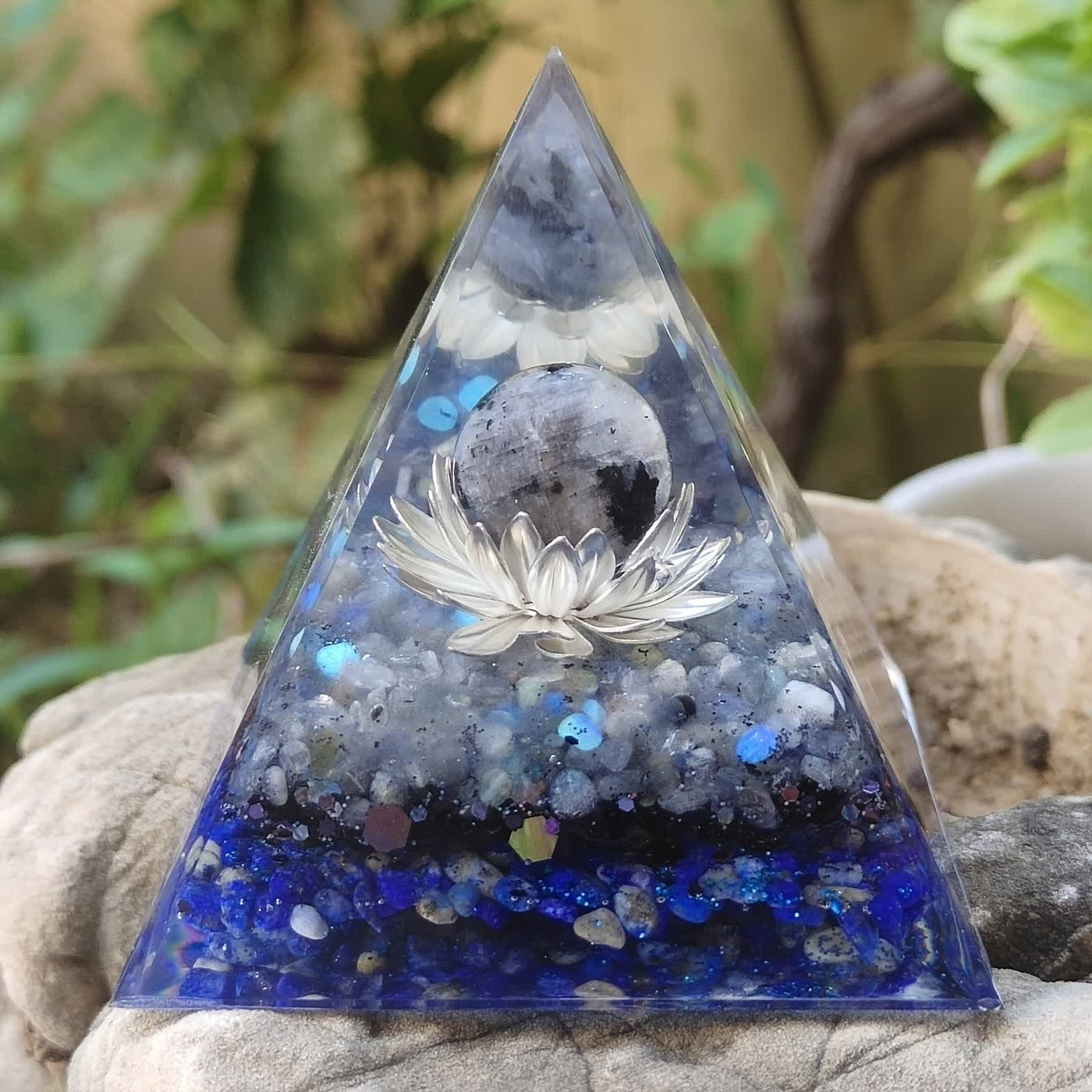 Olivenorma Moonstone Lapis Lazuli Lotus Pedestal Orgone Pyramid